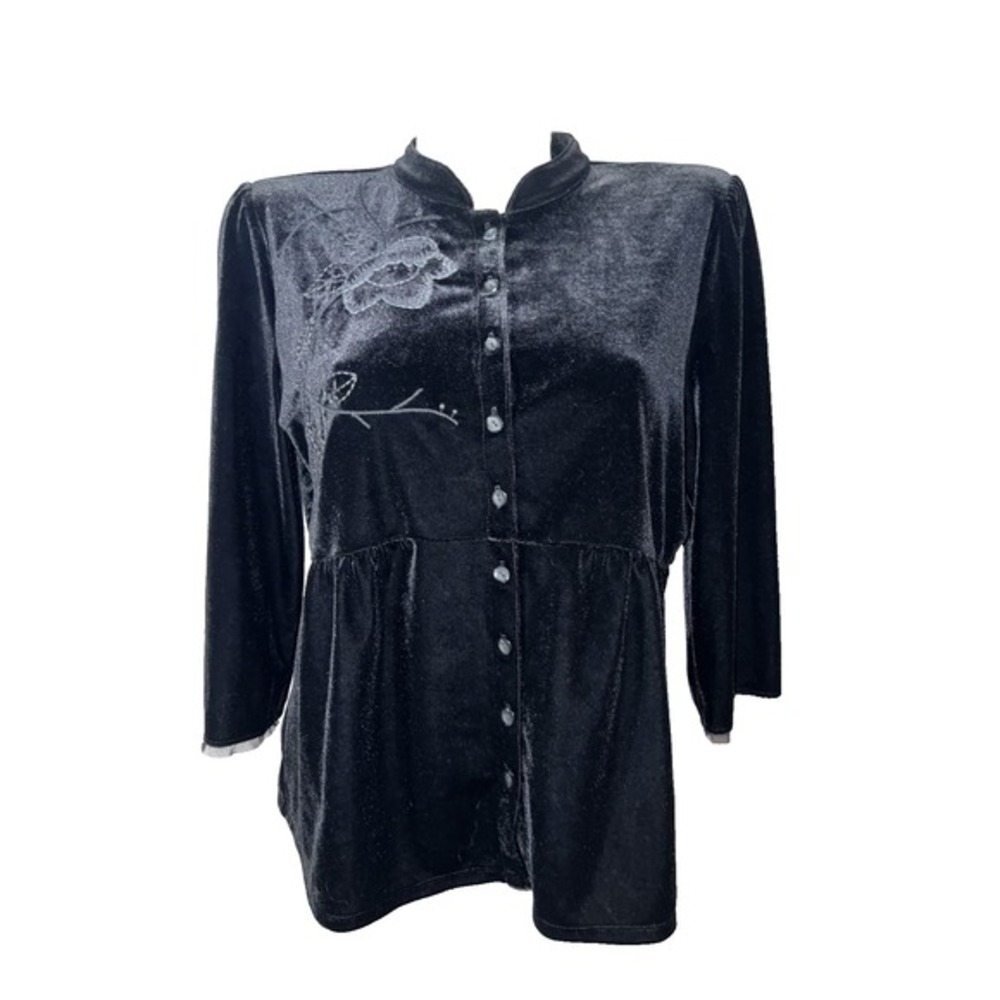 J. Jill Top Women's Size LP Black Button 3/4 Sleeve Velvet Embroidered Blouse